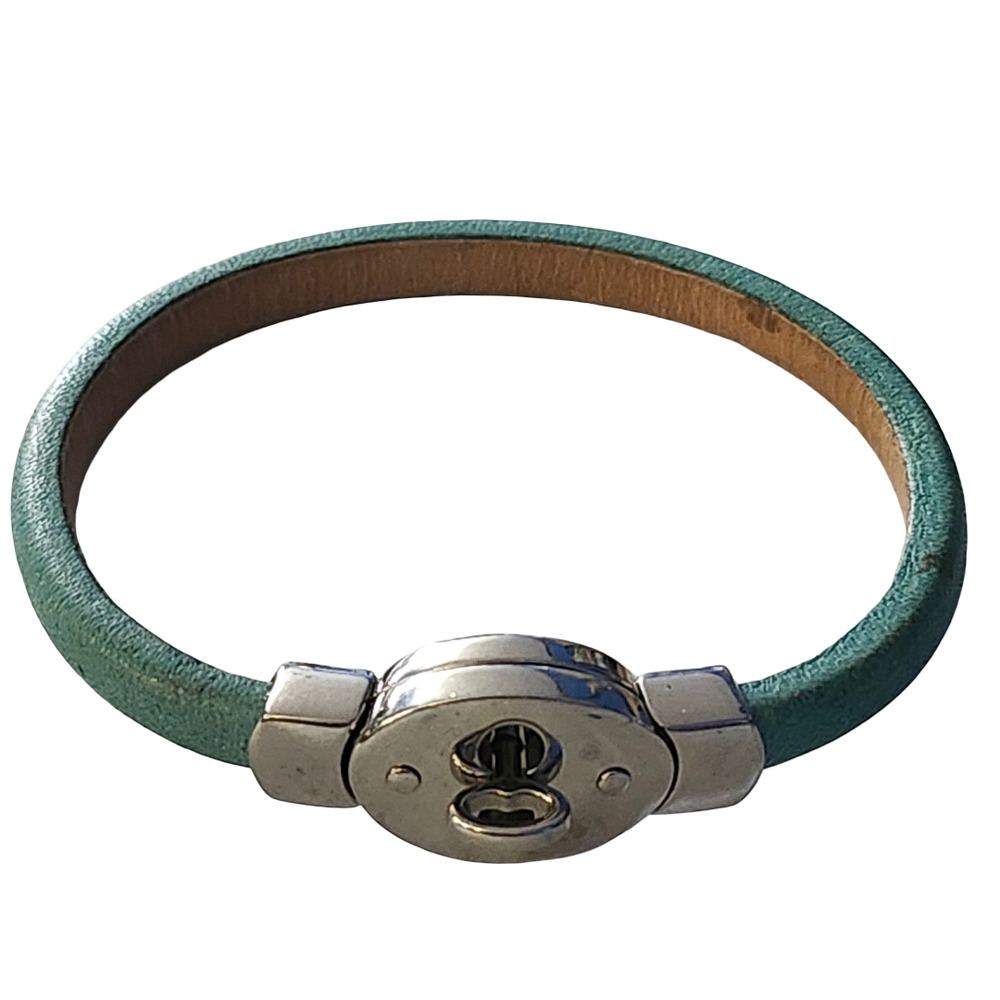 Vtg Fossil Iconic Green Leather Kiss Lock Bracelet